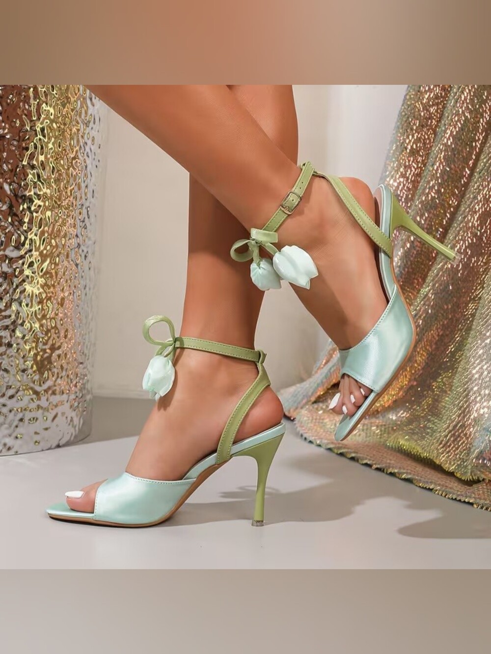 Elegant Mint Green Satin Ankle-Strap Heels with Floral Accent